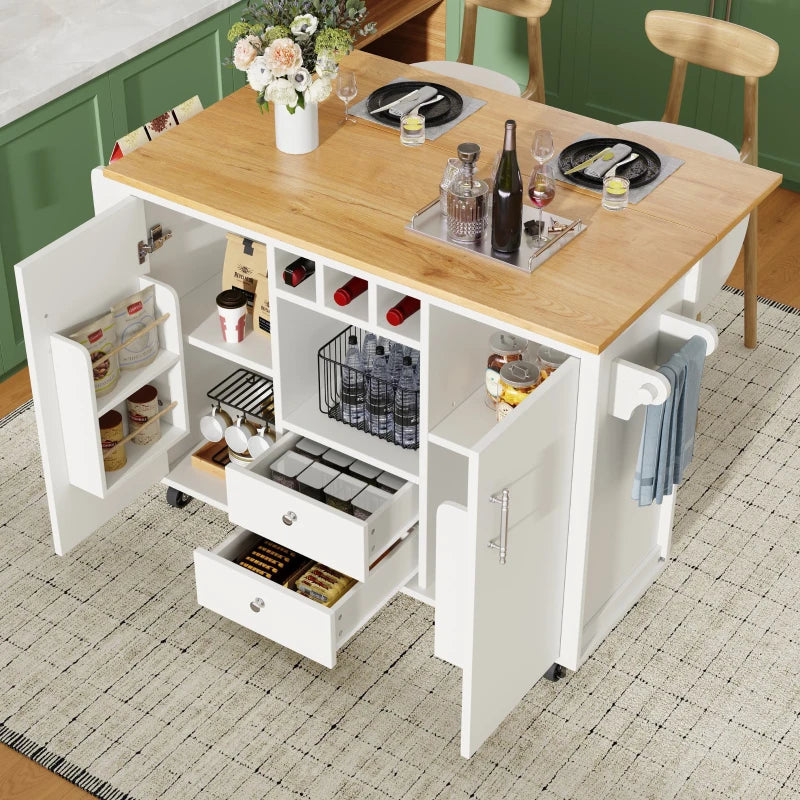 White Kitchen Island Trolley with Folding Worktop, Adjustable Shelves, Wine Rack & Spice Racks - Utility Cart 138L x 73W x 92H cm