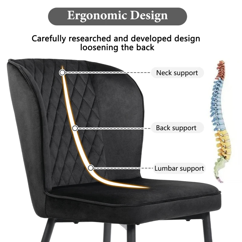 Set of 2 Velvet Black Dining Chairs with Metal Legs, Wing Back Upholstered Accent Chairs for Dining Room, 47x43x86 cm