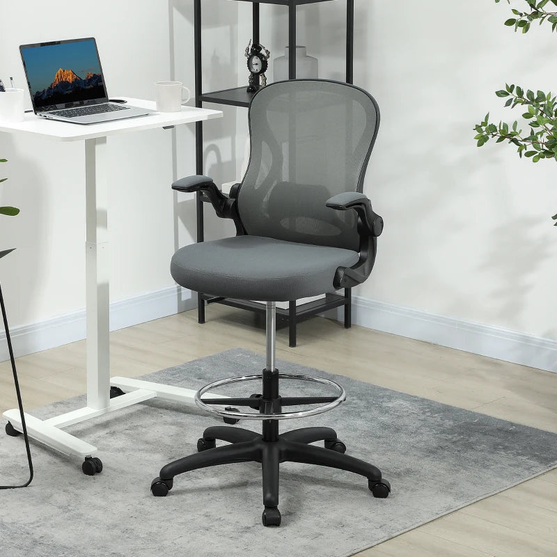 Vinsetto Ergonomic Drafting Chair - Tall Office Chair with Mesh Back, Lumbar Support, Flip-up Armrests, Adjustable Height, Charcoal Grey