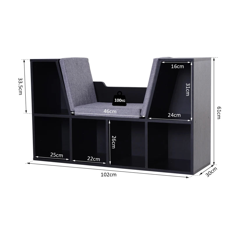 Stylish Black Bookcase Storage Shelf with Cushioned Reading Seat - Cube Bookshelf Organizer for Bedroom & Living Room