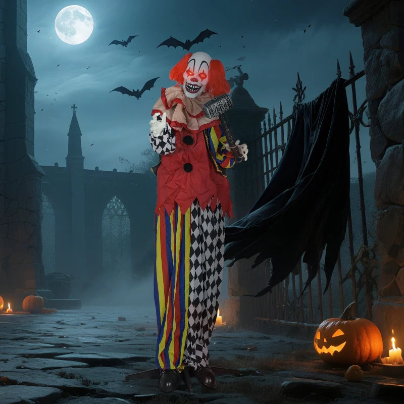 173 cm Life Size Scary Animated Clown with Hammer, Red Light Up Eyes, Sound Activated Arms & Head - Halloween Decoration