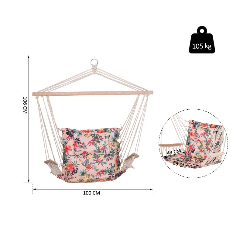 Multicoloured Floral Hanging Hammock Chair with Wooden Arms