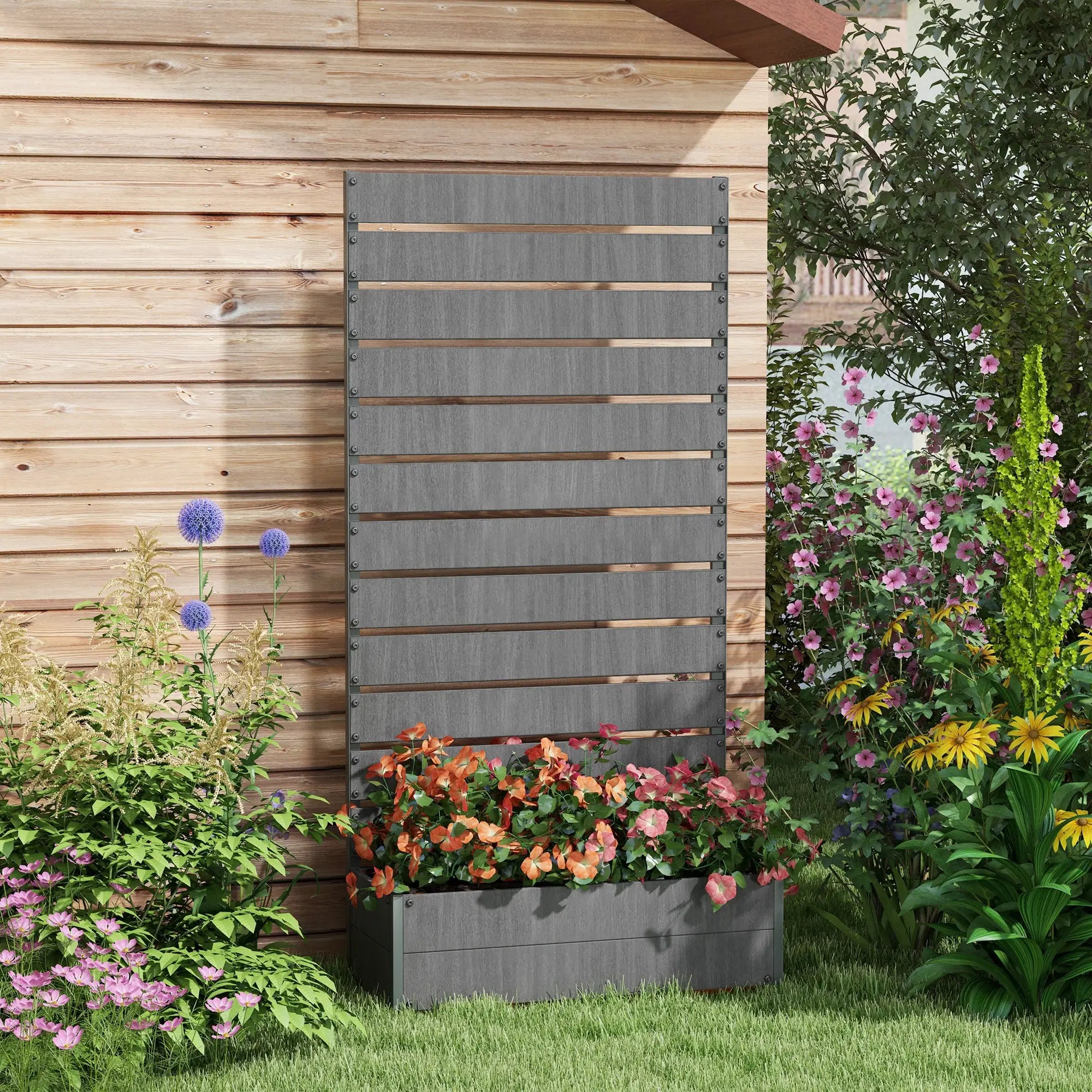 Dark Grey Composite Raised Bed for Gardening - Planter with Trellis for Climbing Plants, Vines - With Drainage