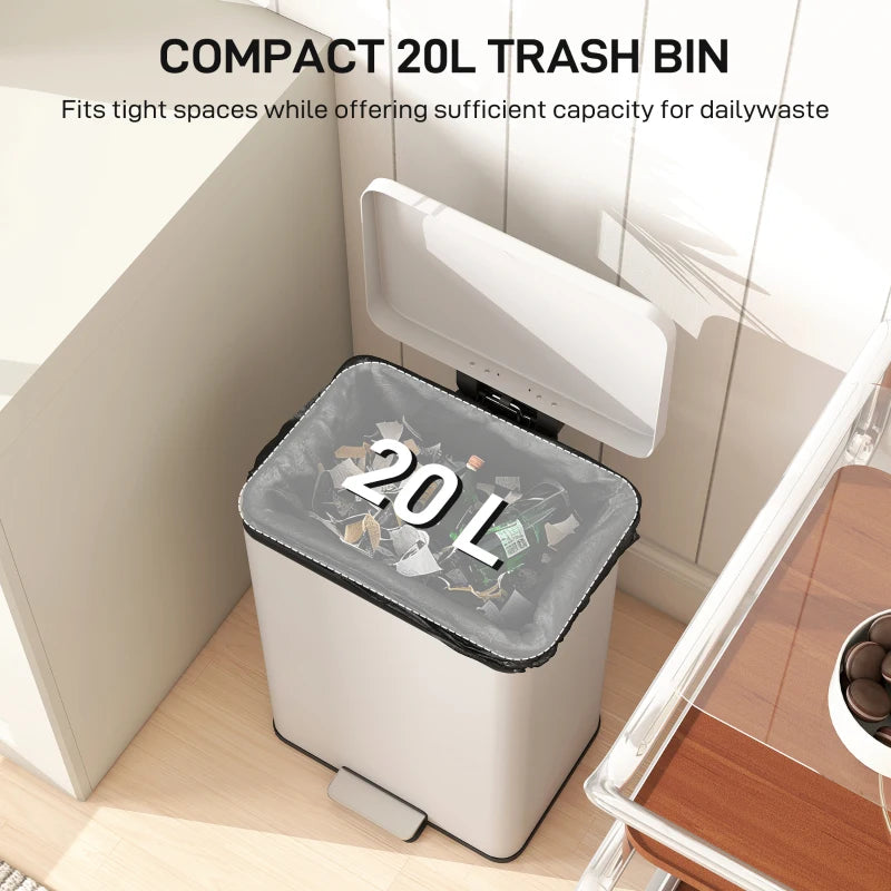 20L Cream Kitchen Bin with Soft-Close Lid, Stay-Open Function & Removable Inner Bucket - Ideal for Home & Office
