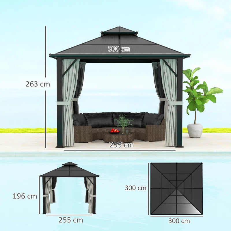 3m x 3m Hardtop Gazebo - Grey Aluminium Frame with UPF30+ Double Polycarbonate Roof