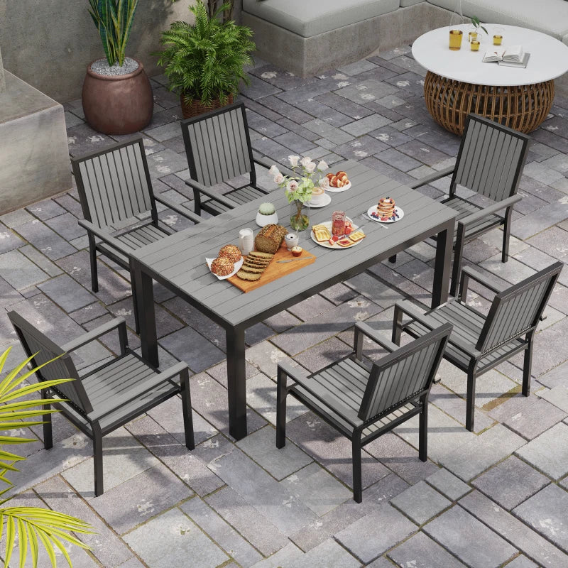 6 Seater Garden Dining Set with Stackable Chairs - Outdoor Aluminium Table & Grey Furniture