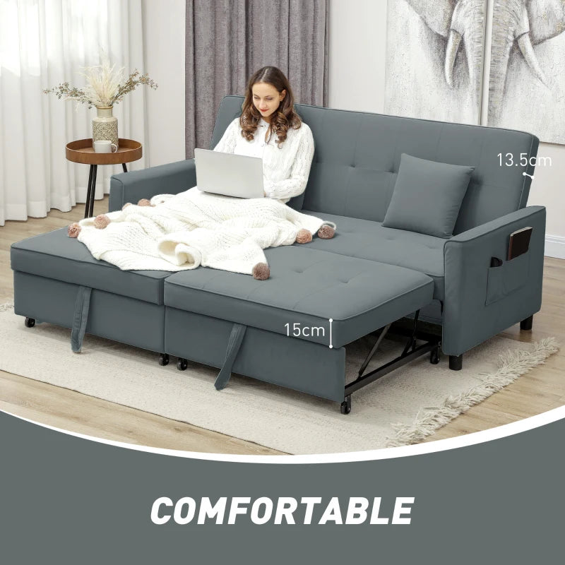 Three-Person Grey Velvet-Feel Sofa Bed for Stylish Living Room Comfort