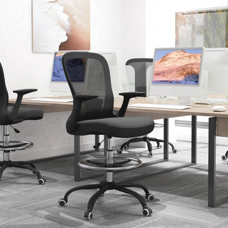Ergonomic Draughtsman Chair - Mesh Drafting Office Chair with Flip-Up Armrests & Adjustable Foot Ring - Black