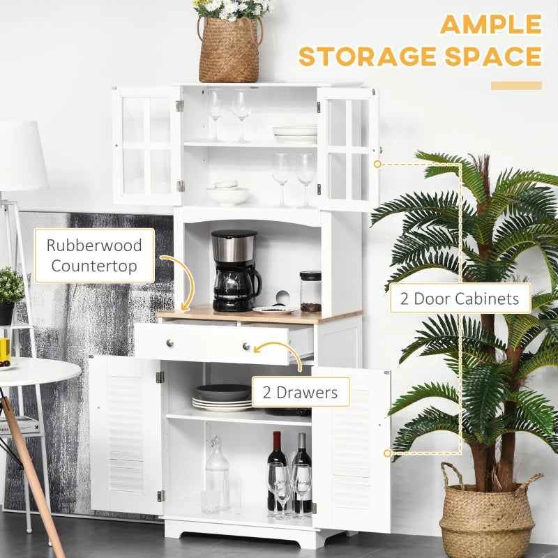 Modern Louvered Kitchen Cupboard - Stylish Storage Cabinet with Framed Glass Doors & 2 Drawers in White