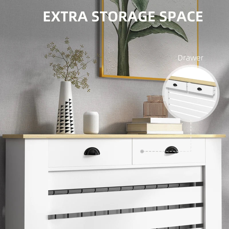 Elegant White Radiator Cover with Drawer 95.5H x 111Wcm for Home Decor