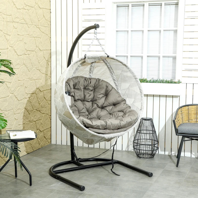 Hanging Egg Chair - Outdoor Indoor Garden Swing Chair with Folding Basket, Thickened Cushion, Cup Holder - Sand Brown - Perfect for Patio and Balcony