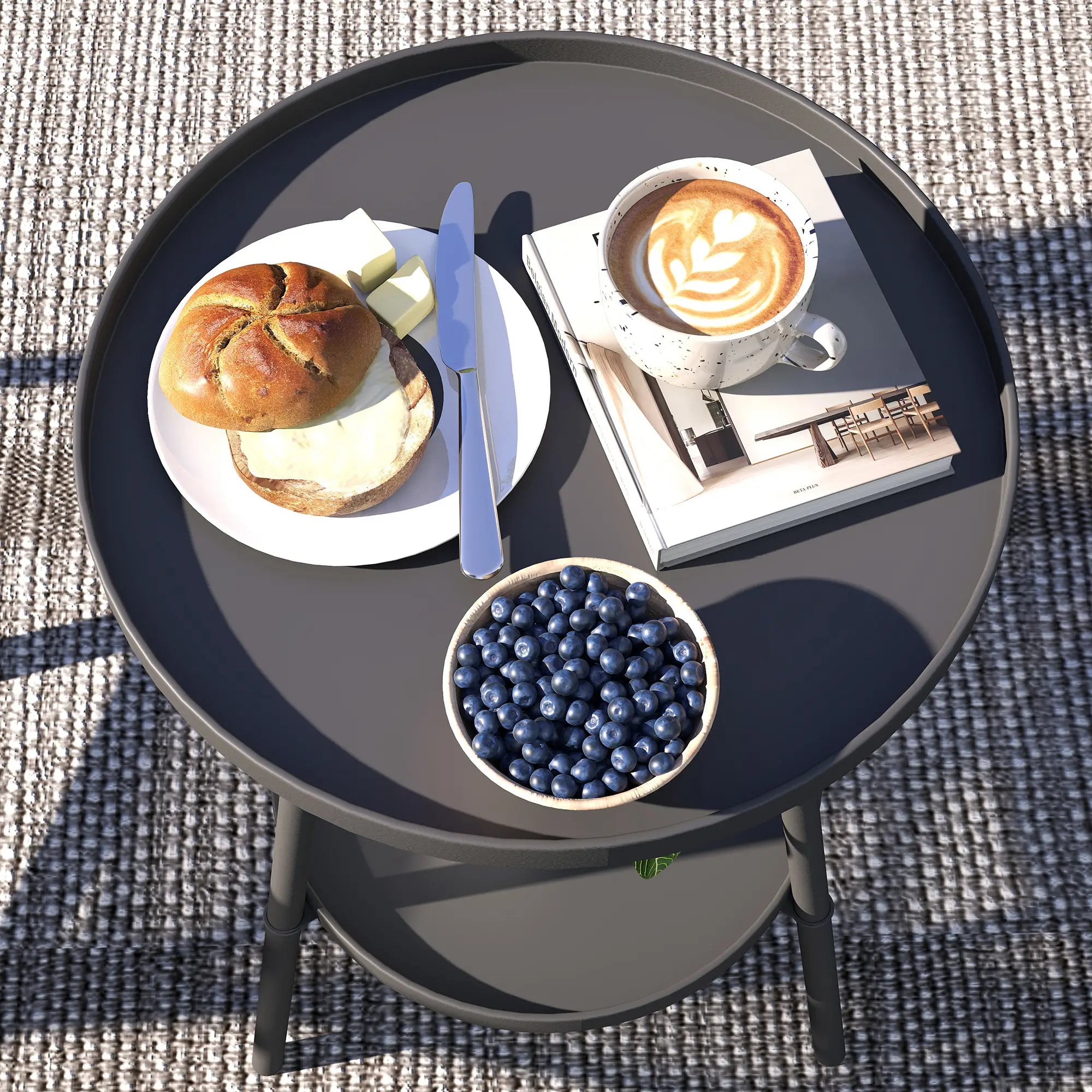 Black 2-Tier Small Round Garden Table - Metal Patio Table - Coffee Table for Porches, Decks & Balconies