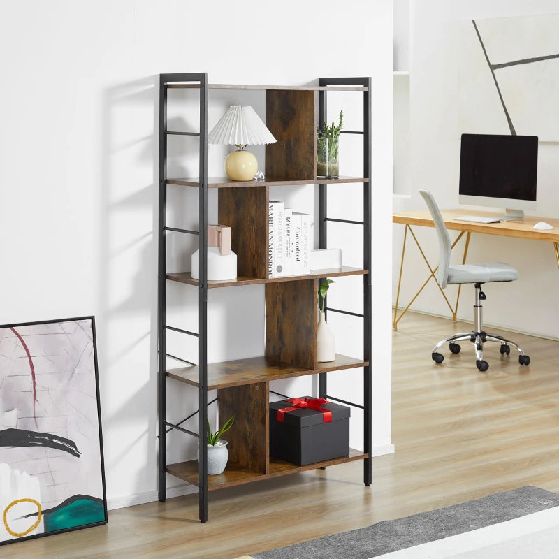Industrial 5-Tier Storage Unit Bookcase with Open Compartments - Rustic Brown & Black for Office, Living Room, Bedroom
