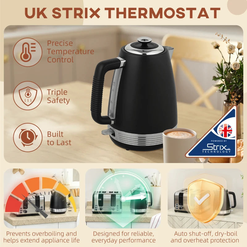 Stainless Steel Kettle & Toaster Set - 1.7L Rapid Boil Jug Kettle with Strix Thermostat & 4 Slice Toaster - Black/Silver