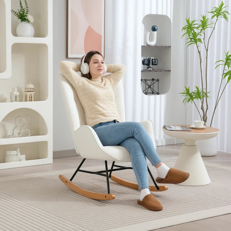 Modern Velvet Rocking Chair with Solid Wood Legs and Metal Frame for Living Room and Bedroom, Cream