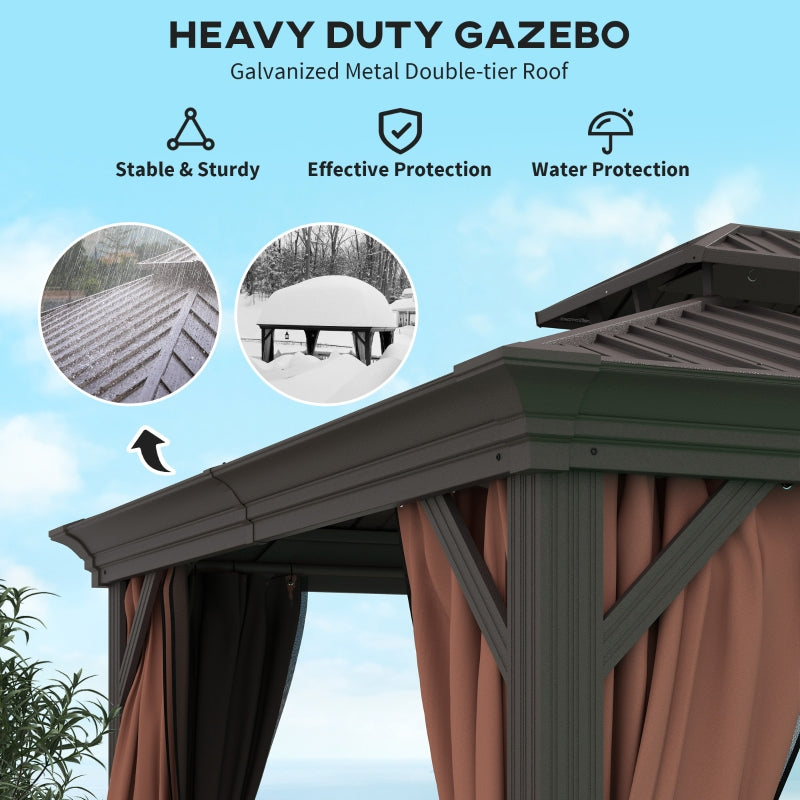 3m x 3.7m Dark Brown Outdoor Hardtop Gazebo Canopy with Aluminium Frame, 2-Tier Roof & Mesh Netting Sidewalls for Patio