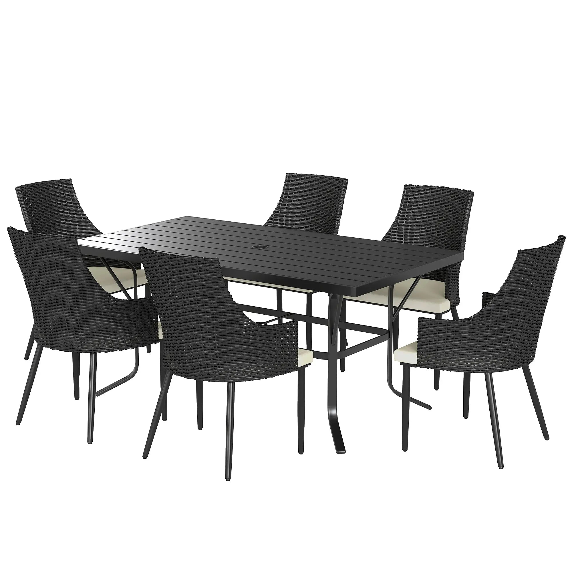 6 Seater Black & Cream White Rattan Dining Set with Cushions, Armchairs, Rectangle Slatted Table Top, Steel Frame, Parasol Hole, Wicker Outdoor Furniture for Patio