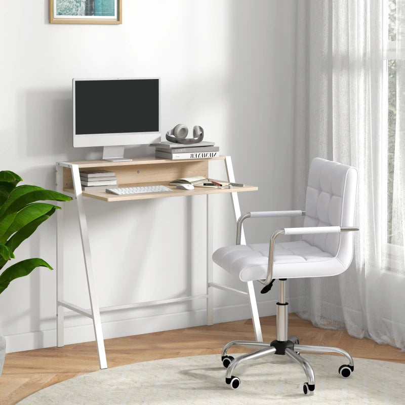 Home Office Chair and Computer Desk Set - Faux Leather Swivel Chair with Storage Shelf - Modern White Study Desk