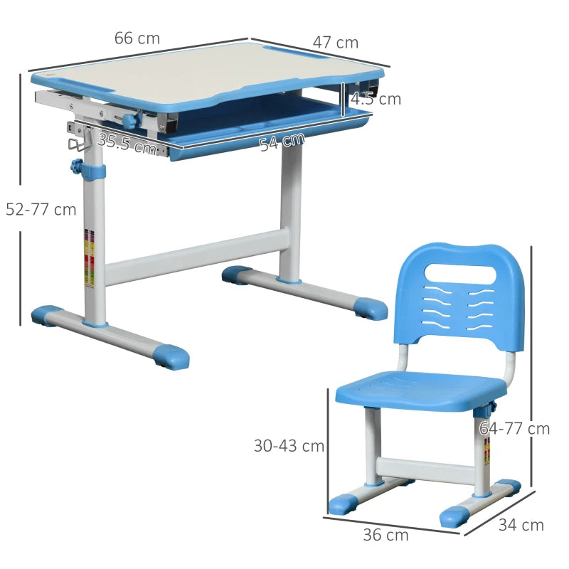 Kids Height Adjustable Desk and Chair Set - Blue, Tiltable Study Table with Drawer, Pen Slot & Hook for Students