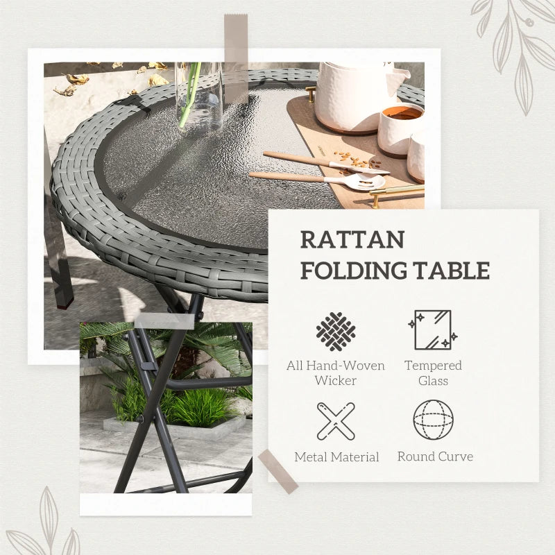 Folding Round Tempered Glass Garden Table - 60cm, Grey Rattan Edging