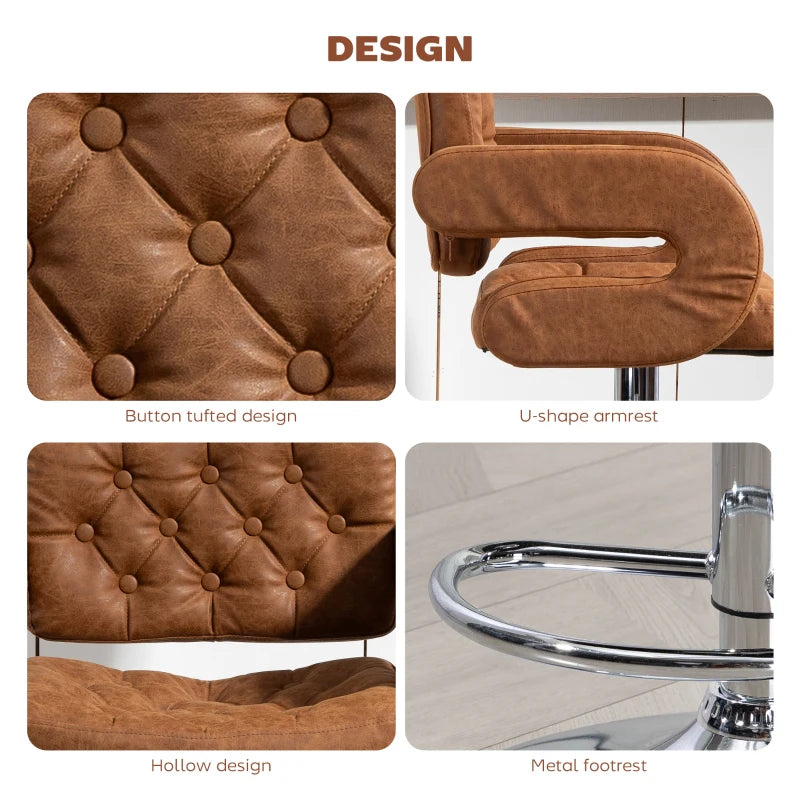 Adjustable PU Leather Swivel Bar Stool with Backrest, Armrests & Footrest - Brown Upholstered Height-Adjustable Seating