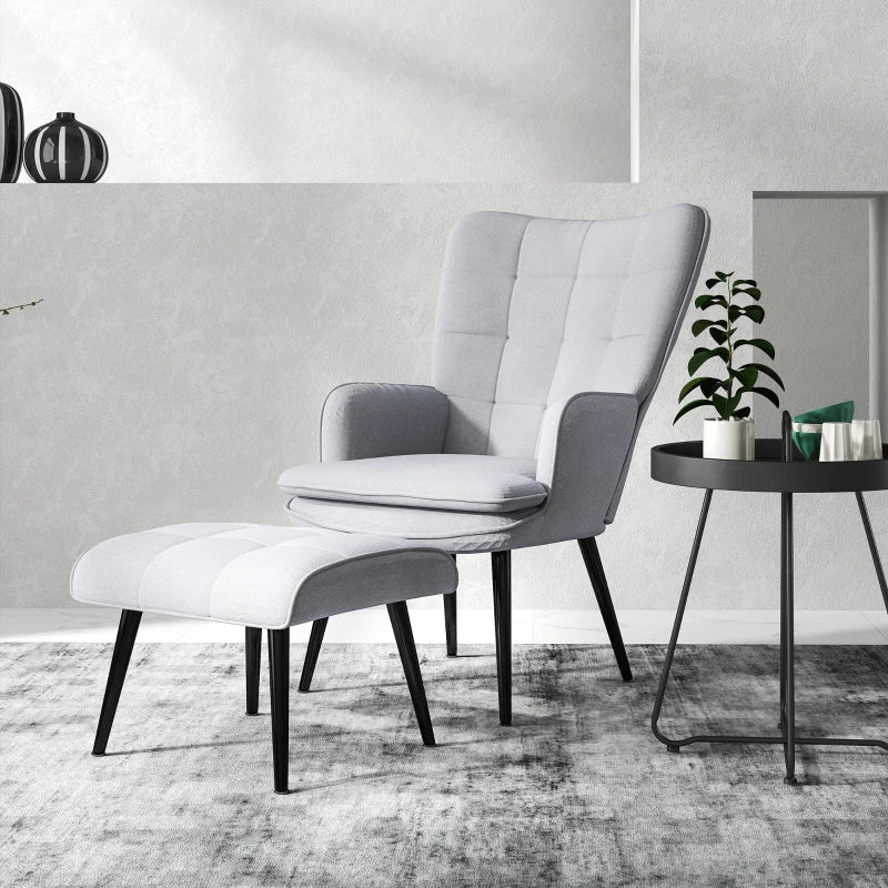 Light Grey Linen Accent Armchair with Footstool for Living Room, Bedroom, and Home Study