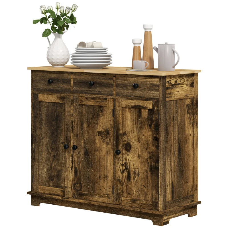 Rustic Brown Sideboard with Rubberwood Top & Adjustable Shelves - Perfect for Dining Room & Kitchen Storage