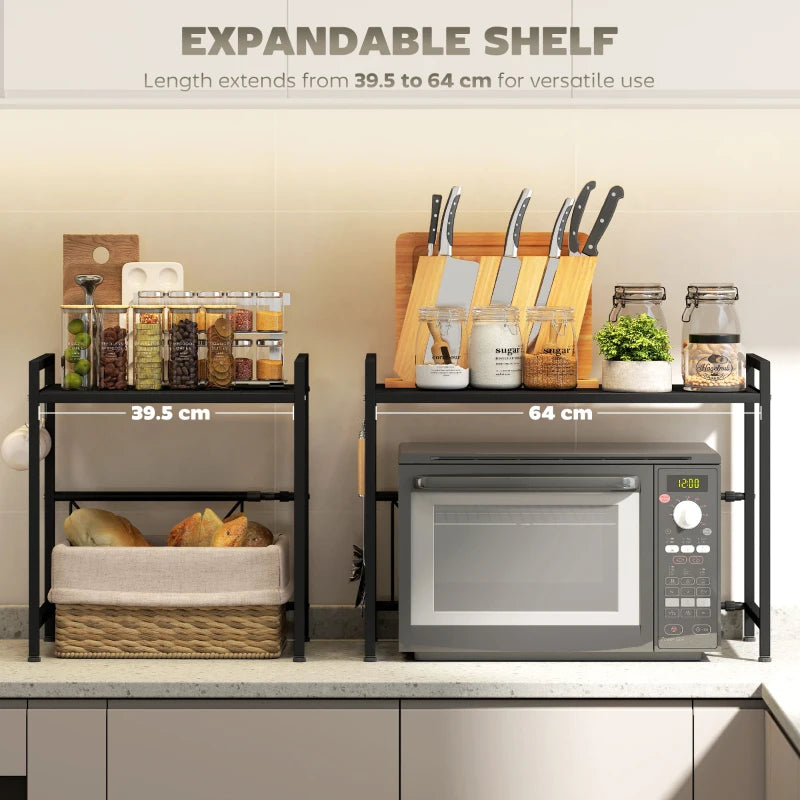 Expandable Microwave Oven Rack with 3 Hooks - Space-Saving Kitchen Organizer, Black - Perfect for Small Spaces
