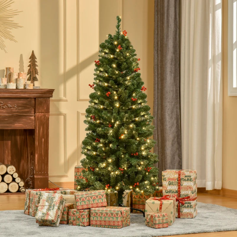 5FT Prelit Artificial Pencil Christmas Tree with Warm White LED Lights & Red Berries - Festive Holiday Home Decoration