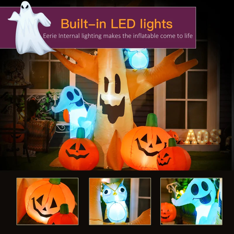 240cm Halloween Inflatable Tree with Ghost, 3 Pumpkins & Owl - Scary LED Holiday Decoration for Indoor & Outdoor