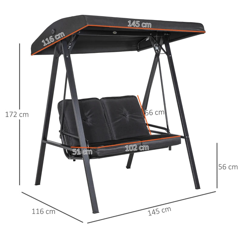 Black 2-Seater Garden Swing Bench with Adjustable Canopy