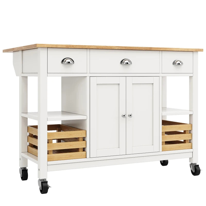 Rolling Kitchen Island Trolley with Adjustable Shelf, 3 Drawers, Spice Rack & Folding Side Board - White, 120x45x90 cm