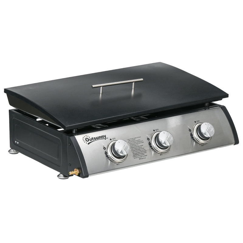 Black 3-Burner Gas Plancha BBQ Grill with Lid