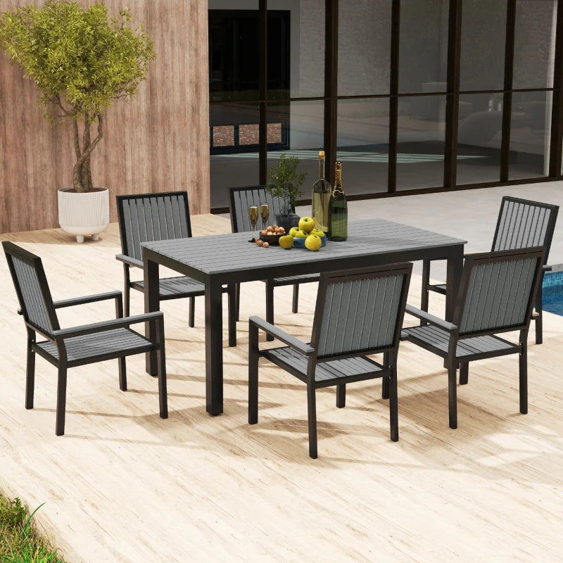 6 Seater Garden Dining Set with Stackable Chairs - Outdoor Aluminium Table & Grey Furniture