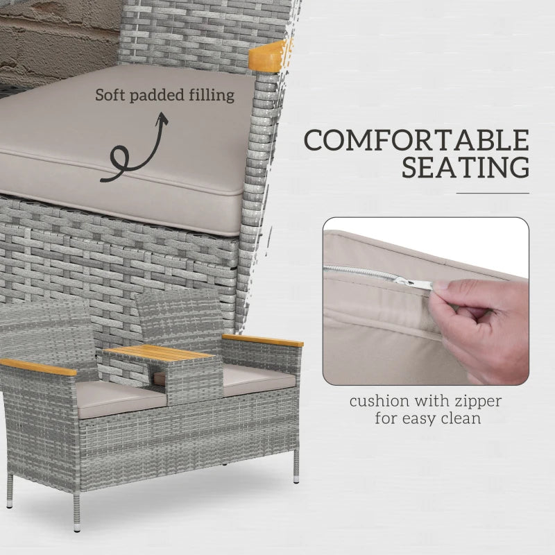 Grey Rattan Loveseat with Wood-Top Table