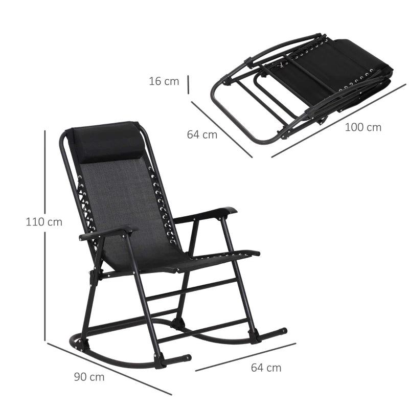 Black Folding Rocking Chair with Headrest for Outdoor Use