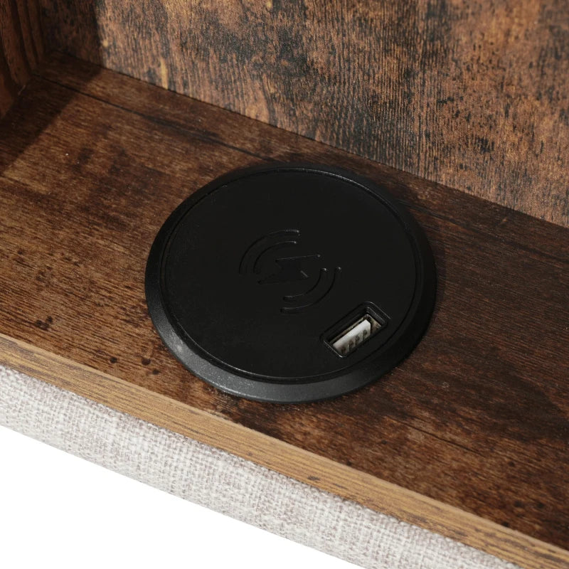 Upholstered Double Bed with Wireless Charging and Hydraulic Storage in Natural Linen Fabric