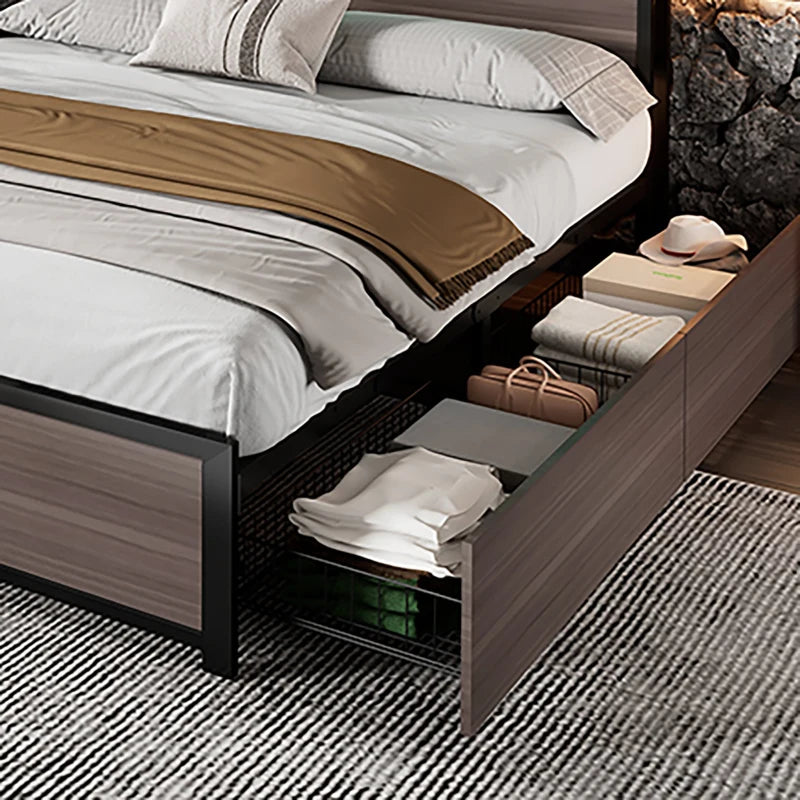 Metal Double Bed with LED Light Strip, 4 Drawers & 3 USB Ports - Stylish Gray Bedroom Furniture, 207x135.5x105 cm