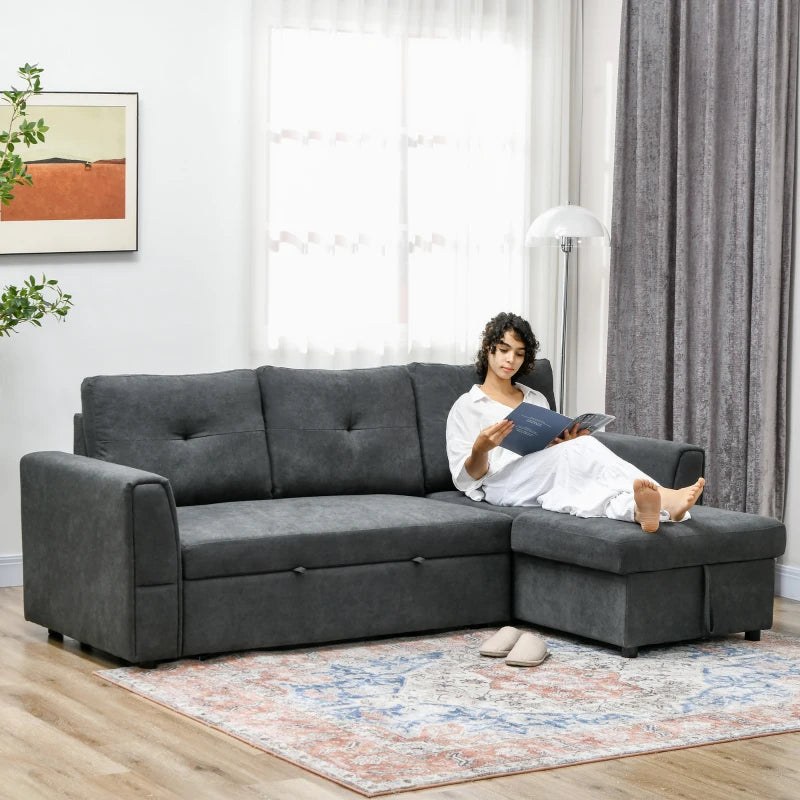 L-Shaped 3-Seater Sofa Bed with Storage – Convertible Click Clack Futon for Living Room, Dark Grey
