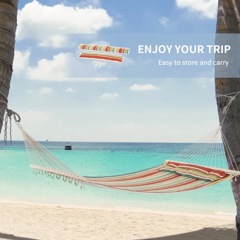 Red Striped Double Cotton Hammock with Pillow - Outdoor Garden Swing Bed