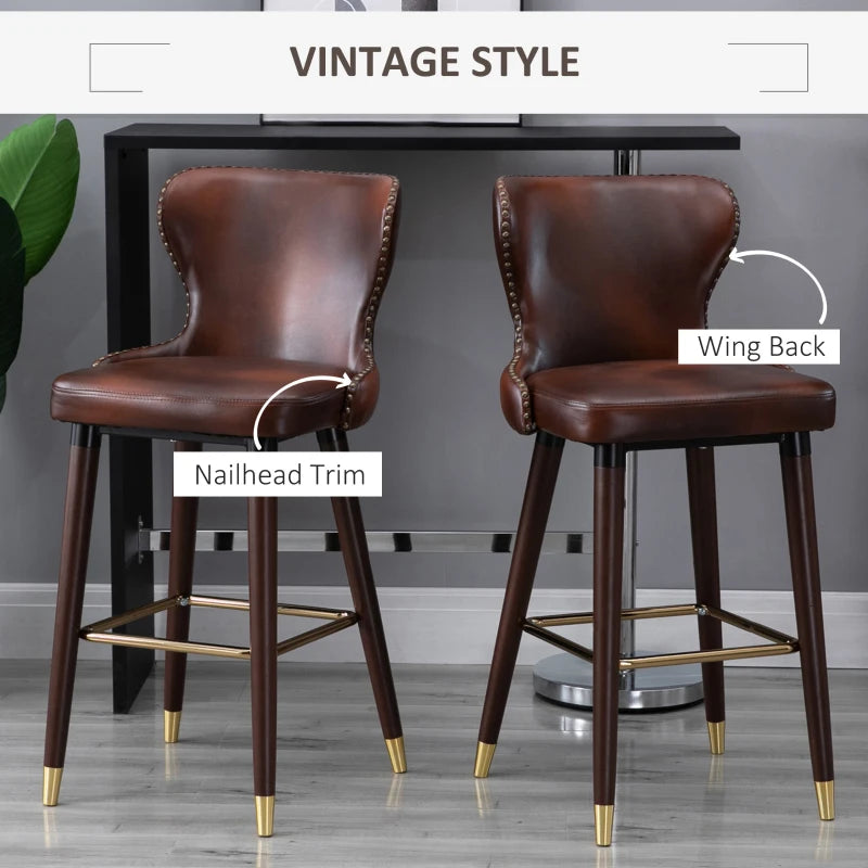 Set of 2 Brown PU Leather Bar Stools with Back and Footrest, Stylish Wood Legs for Kitchen and Breakfast Bar