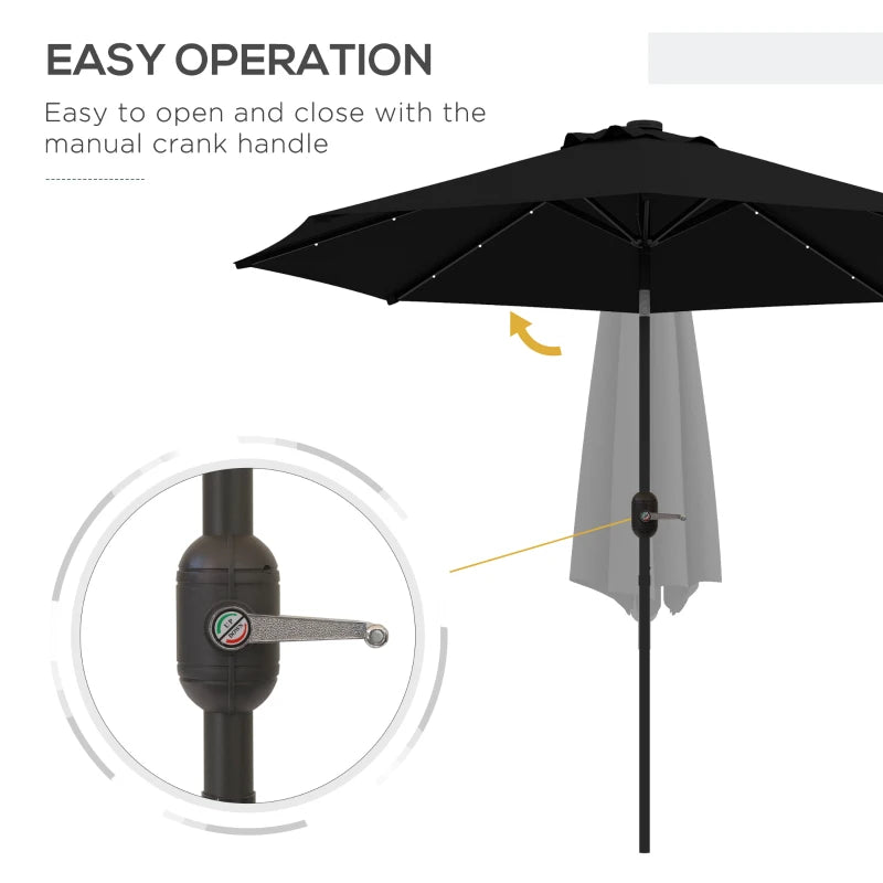 Black 2.7m Patio Umbrella with Tilt Crank and LED Lights