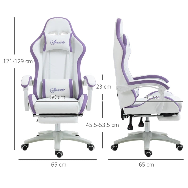 Vinsetto White and Purple Gaming Chair - PU Leather Office Desk Chair with Footrest, 135° Recline, Lumbar Support & Headrest