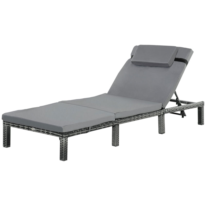 Grey Rattan Sun Lounger with Padded Cushion & 5-level Recline