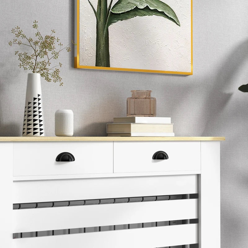 Elegant White Radiator Cover with Drawer 95.5H x 111Wcm for Home Decor