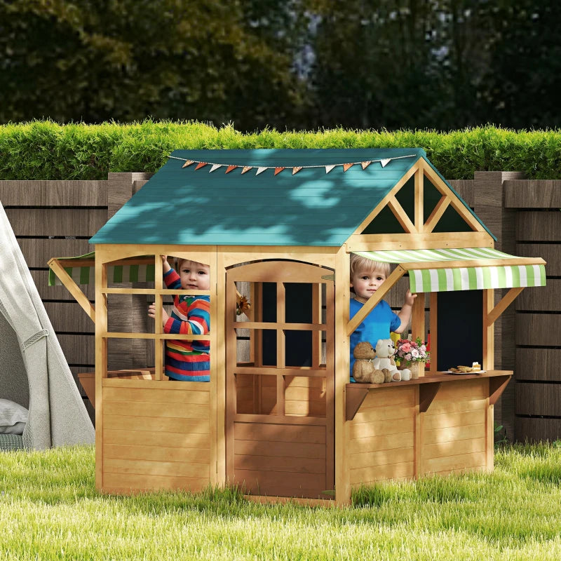Wooden Playhouse for Kids with Foldable Design Windows Working Door and Service Stations