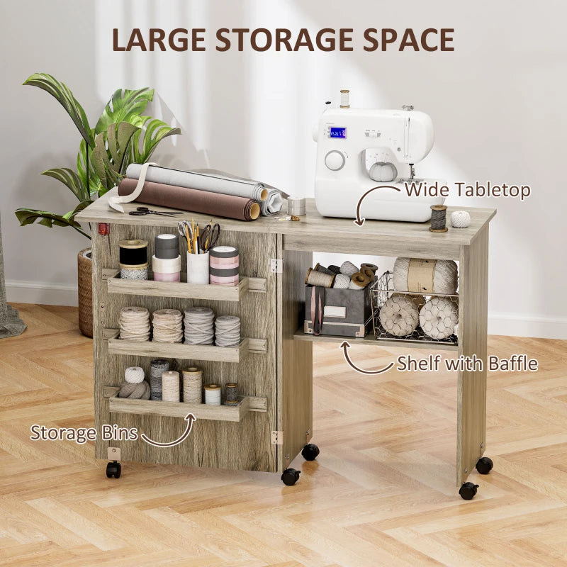 Folding Sewing Table with Drop Leaf & Storage Bins - Rolling Craft Table for Small Spaces, Grey