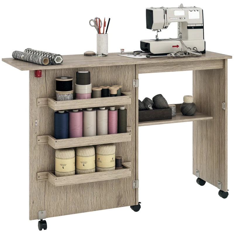 Folding Sewing Table with Drop Leaf & Storage Bins - Rolling Craft Table for Small Spaces, Grey