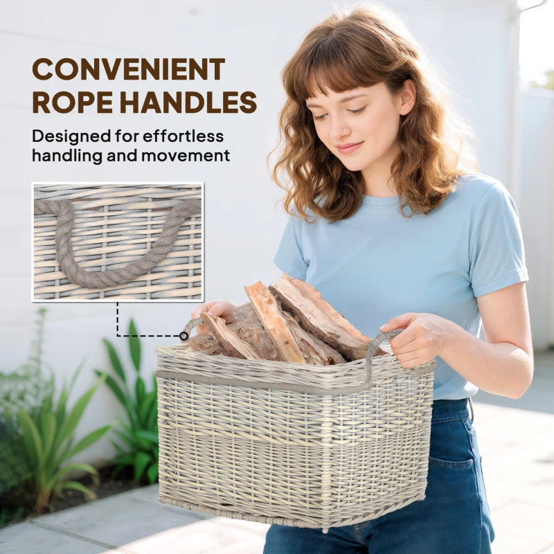 Set of 3 Beige Round Log Baskets with Lining & Rope Handles - Ideal for Wood Burner, Fireside Storage & Blankets