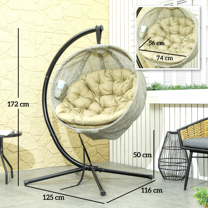 Hanging Egg Chair - Khaki Outdoor Indoor Garden Swing Chair with Stand, Thickened Cushion & Cup Holder - Folding Basket Design